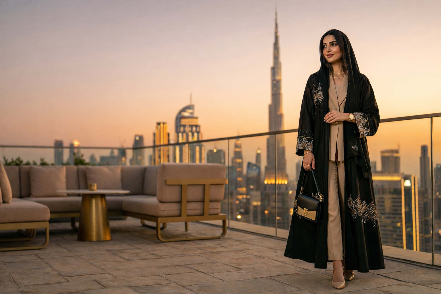 DubaiLady hero image — elegant Dubai woman in gold-embroidered abaya at sunset with Burj Khalifa